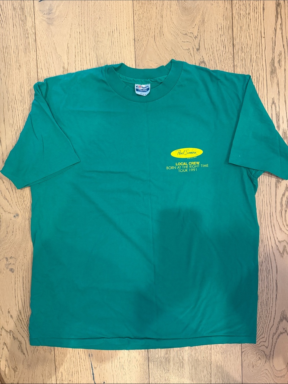 Vintage Paul Simon 1991 Tour Graphic Short Sleeve Tee in green with Yellow Logo